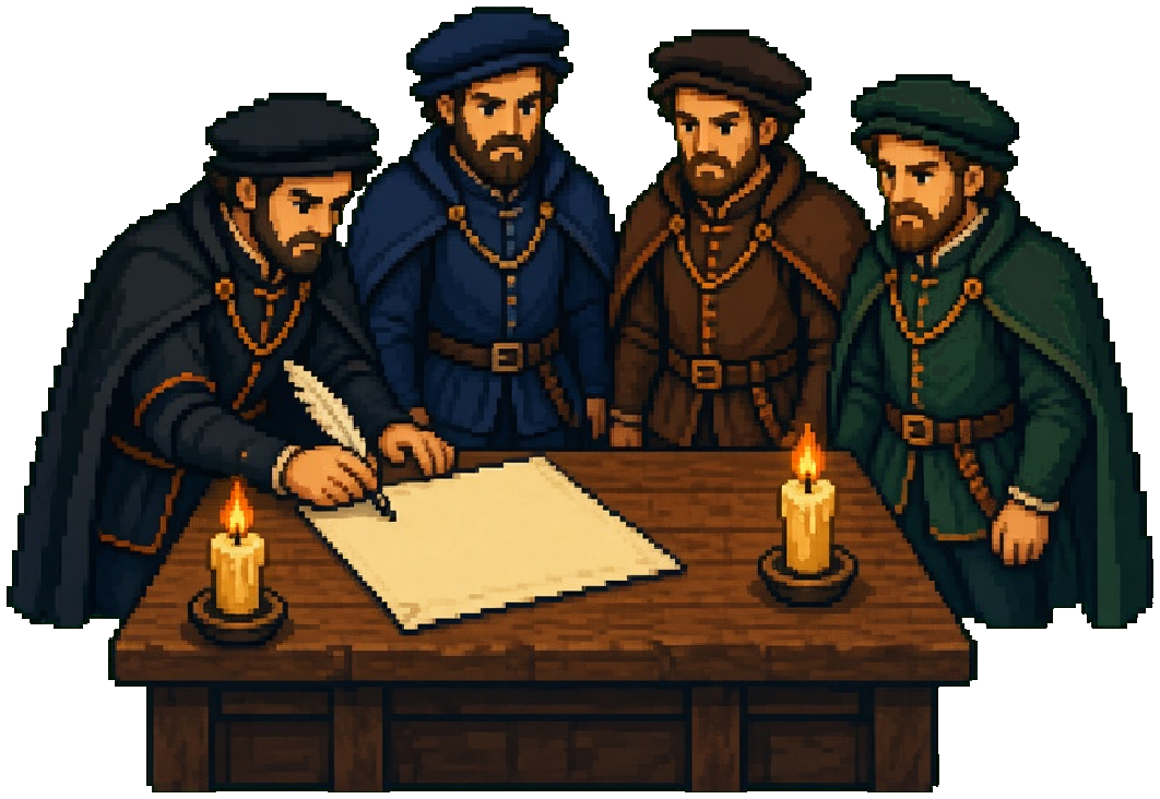 Four Scottish lords gather round a table by candlelight as one signs a parchment