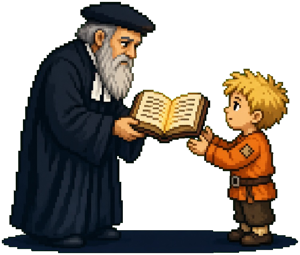 John Knox hands an open Bible to Wee Jock